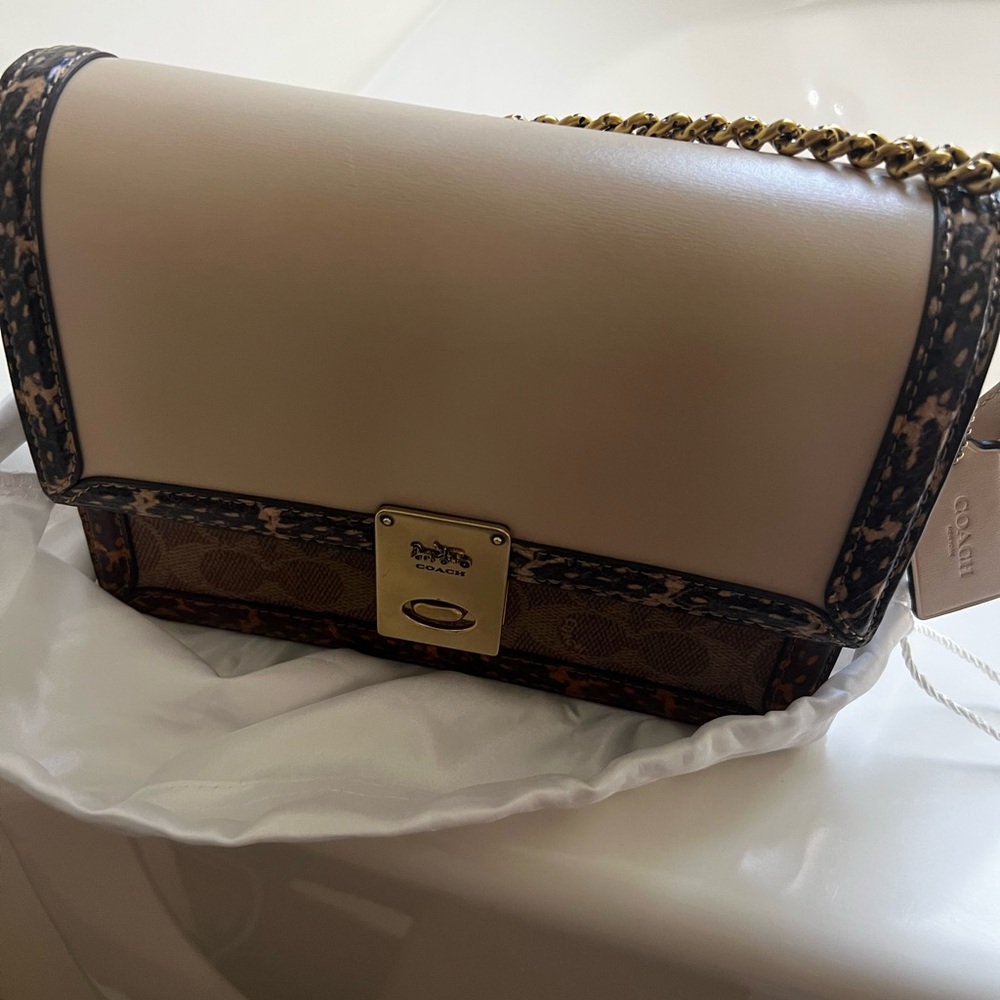 Coach Hutton Shoulder Bag In Blocked Signature Canvas With Snakeskin Detail